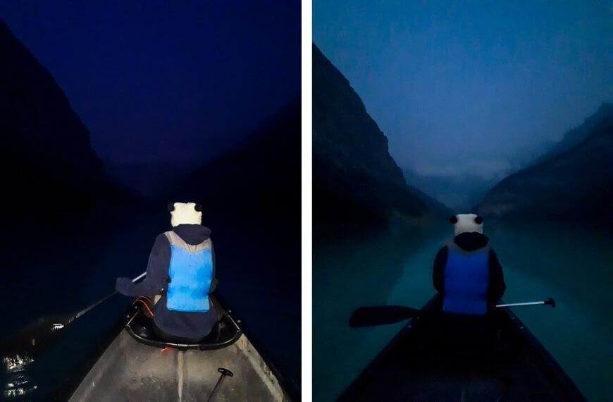 canoeing lake louise in the dark