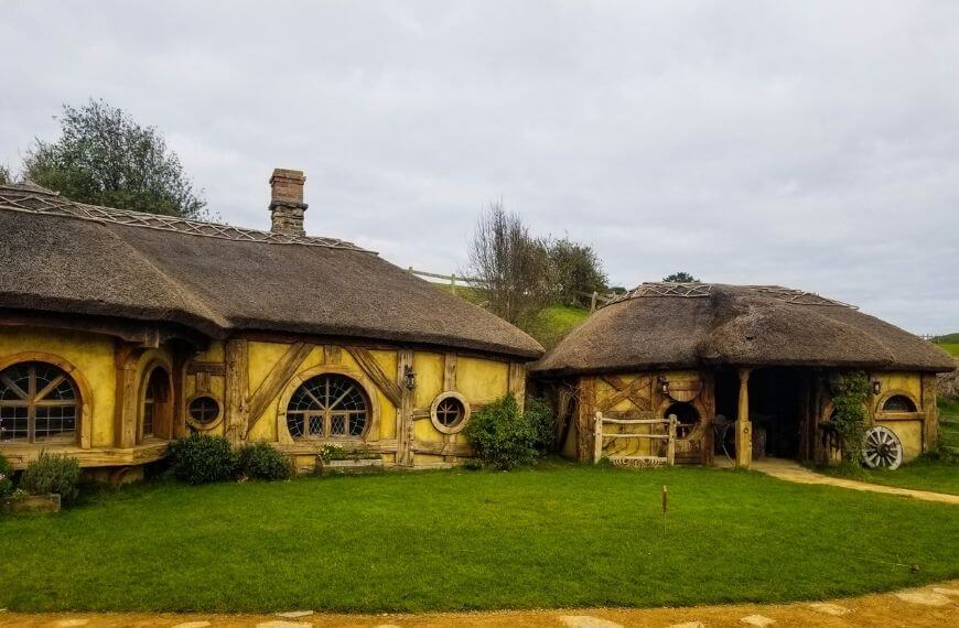 green dragon in at the village full of hobbit homes