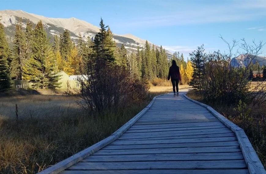 me walking along the boardwalk in canmore