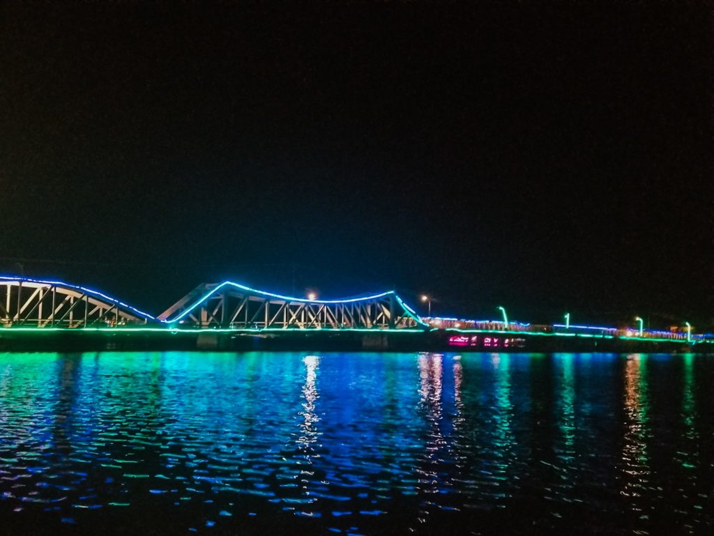 kampot bridge with bright lights