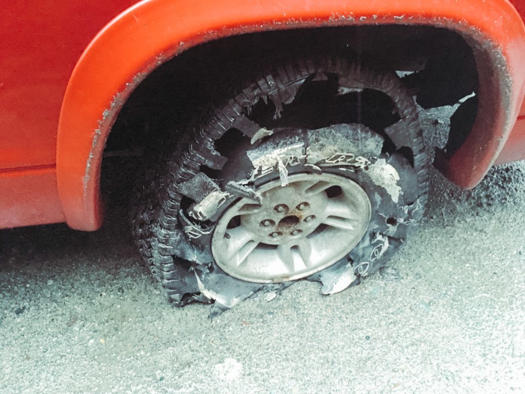 punctured tyre on our BC trip