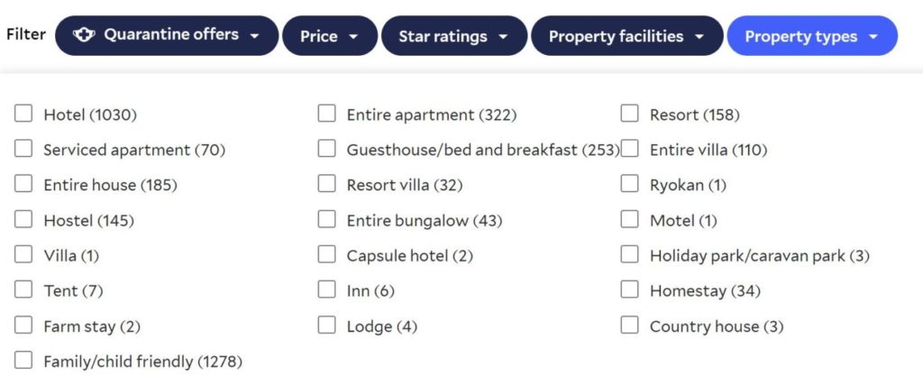 List of Agoda amenities filters - hostels vs hotels