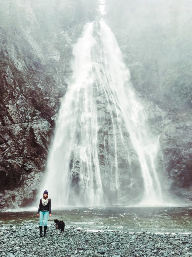 me in front of the tall virgin falls near tofino