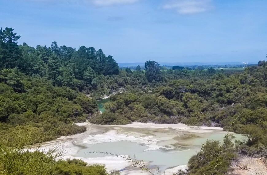 viewpoint looking over the sinter terrace and green lake