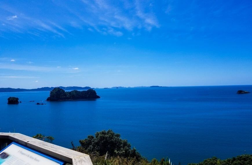 view of the pacific ocean from the cathedral cove walkway viewing platform