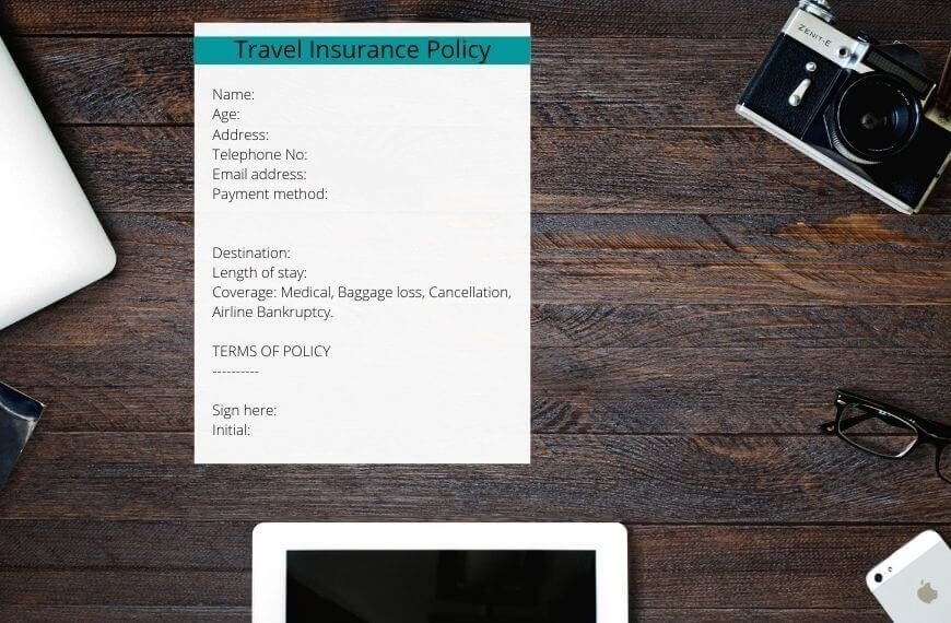 Basic mock up of a backpackers travel insurance first page document