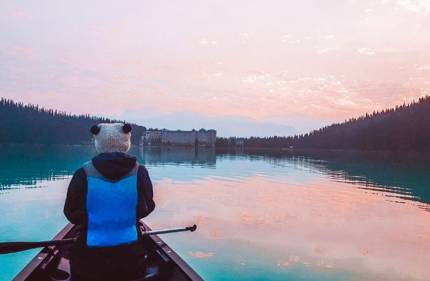 Canoeing lake louise at sunrise