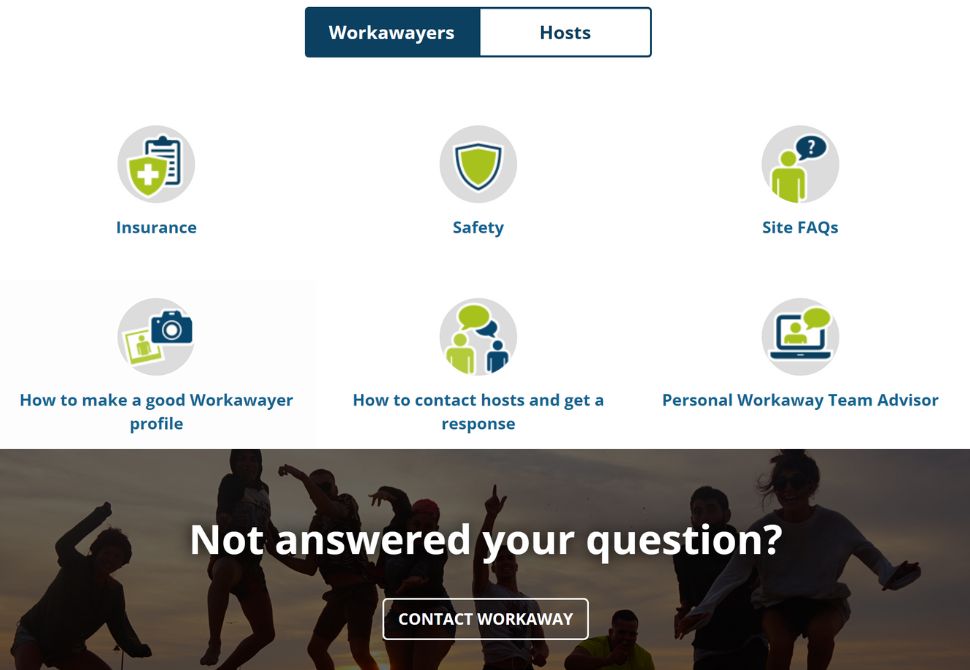 screenshot from the workaway website listing topics you can speak to the support team about and help you feel safe