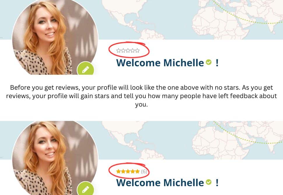 profile on a voluntourism site showing difference between star ratings of a user