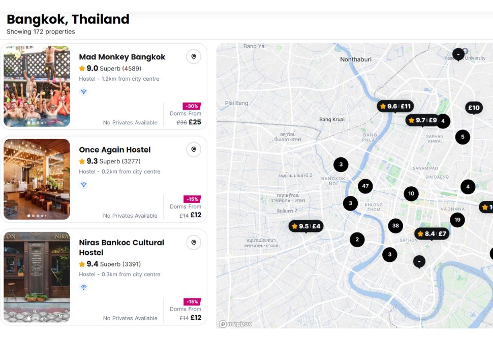 A screenshot from the Hostelworld platform with a map and list of properties available for booking - Are hostels dangerous?