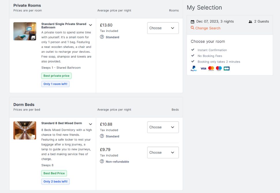 a screenshot of two different room types on the website of hostelworld - benefits of staying in a hostel