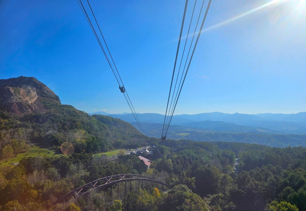 A view of Showa-Shinzan and the forest below from the Usuzan Ropeway cable car