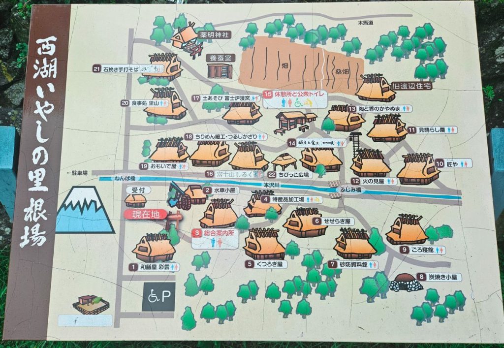 A map with numbered huts at the ancient village open air museum
