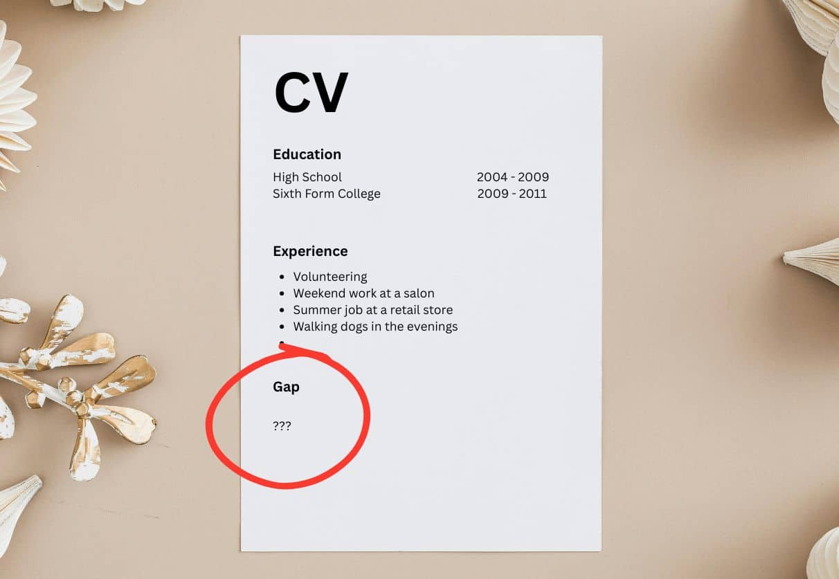 does a gap year look bad? a CV or resume on a table with a gap year gap